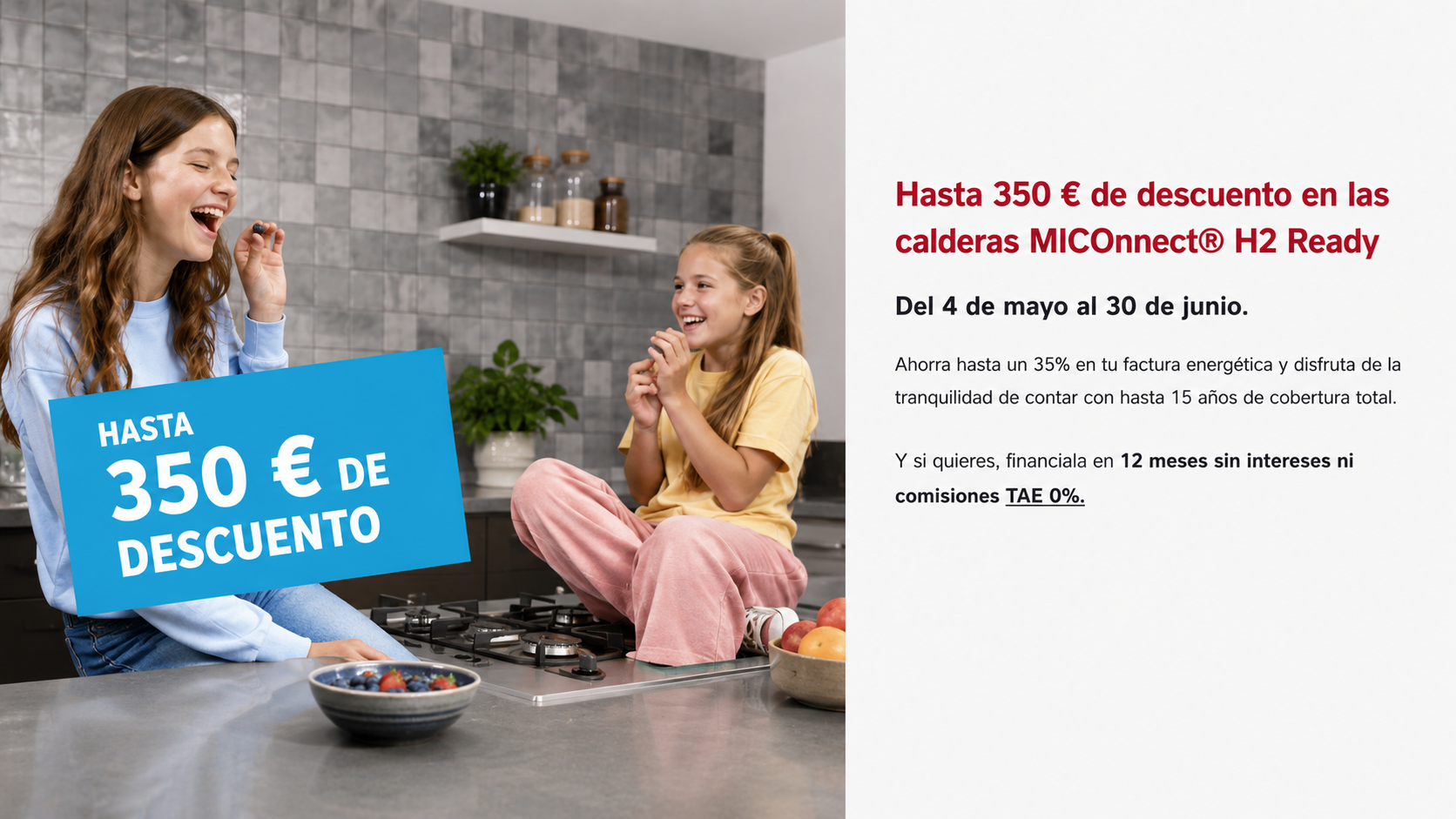 Saunier Duval — MiConnect H2 Ready galdarekin 350€ arte deskontua. 2026ko maiatzaren 4tik ekainaren 30era.